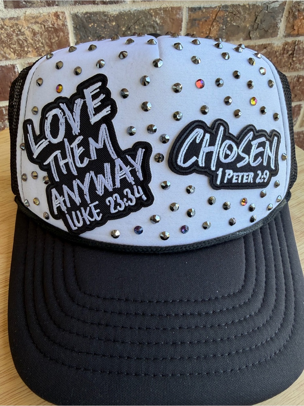 Embroidered Studded Trucker Hat - White Front, Black Bill